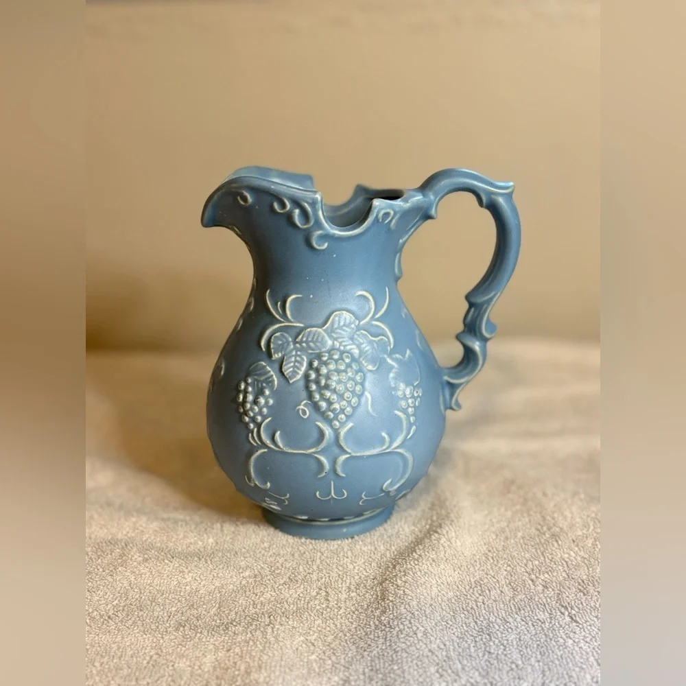 Vintage Blue Pottery Vase Pitcher Grape Design 7in